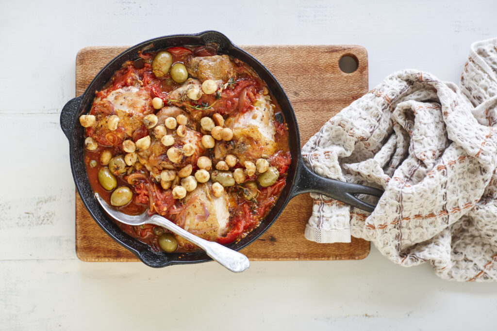 Chicken one pan bake with anchovy macadamias