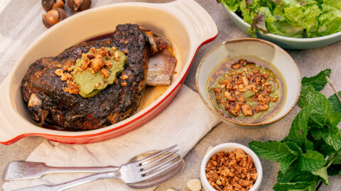 Slow cooked lamb shoulder with macadamia and mint pesto