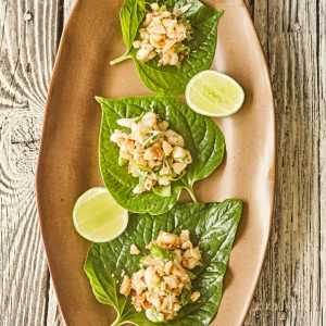 1811 Betel leaves topped with prawns and roasted macadamias (3)