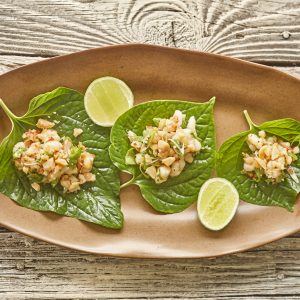 1811 Betel leaves topped with prawns and roasted macadamias (4)