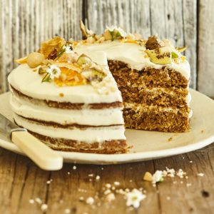 Frosted macadamia carrot and ginger spice cake