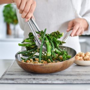 Broccolini and beans with brown butter and roasted macadamias