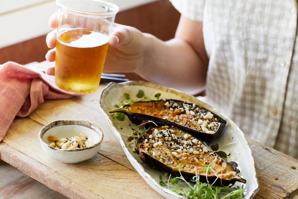 Grilled eggplant with macadamia miso - Australian Macadamias