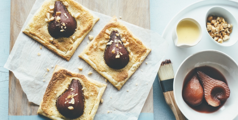 Poached pear and macadamia frangipane tart with honey roasted macadamias - Australian Macadamias