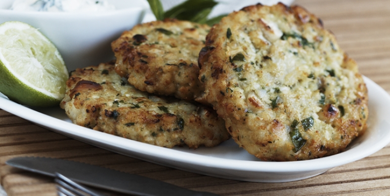 Prawn, fish and macadamia cakes with mint yoghurt - Australian Macadamias