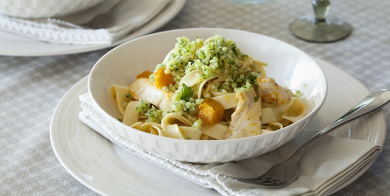 Fettuccine with pumpkin, chicken and macadamia parmesan gremolata - Australian Macadamias