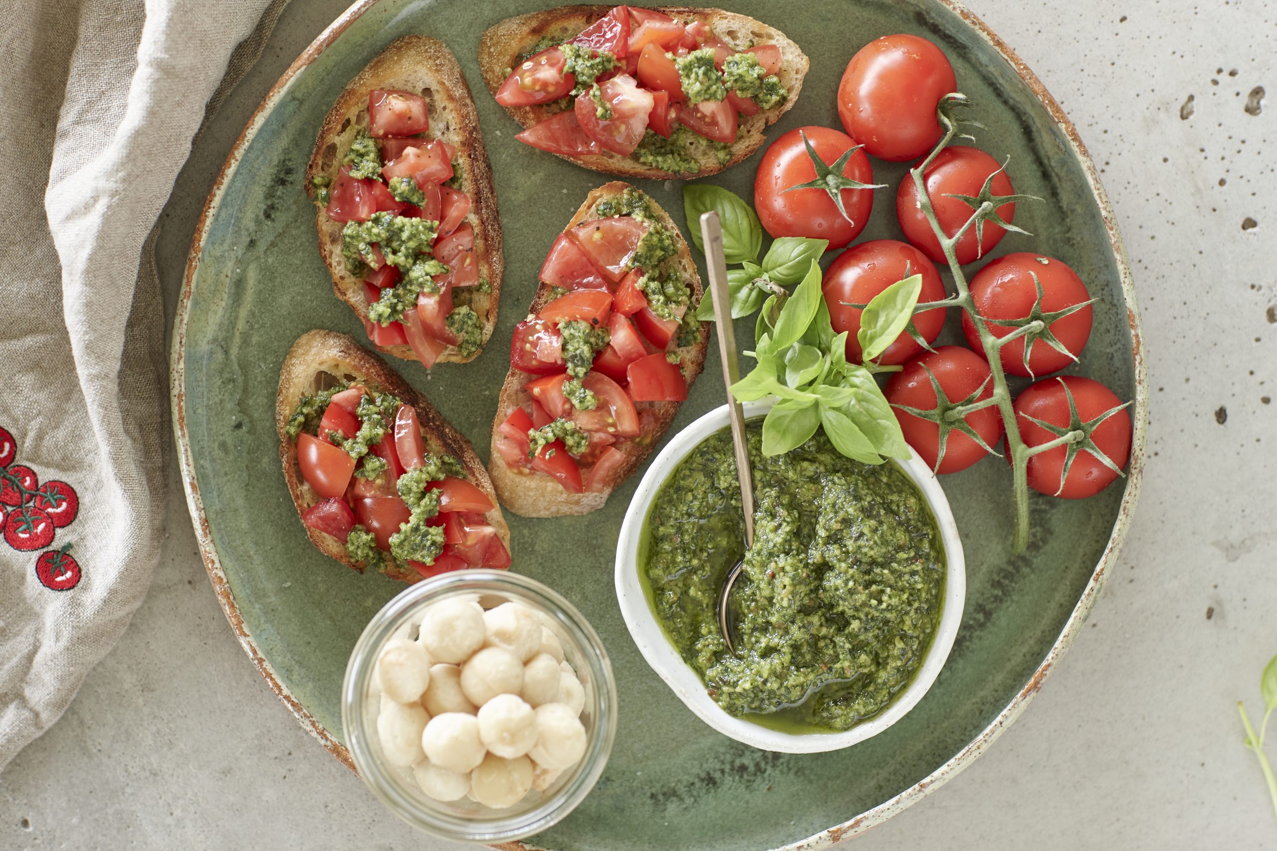 Tomato bruschetta with macadamia pesto - Australian Macadamias
