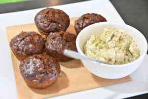 Macadamia and date breakfast pudding with macadamia and lemon myrtle crème fraiche