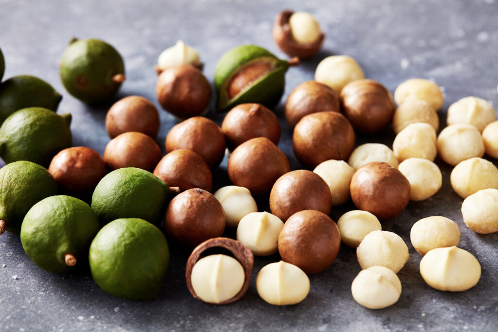 Macadamia kernel, shell and husk