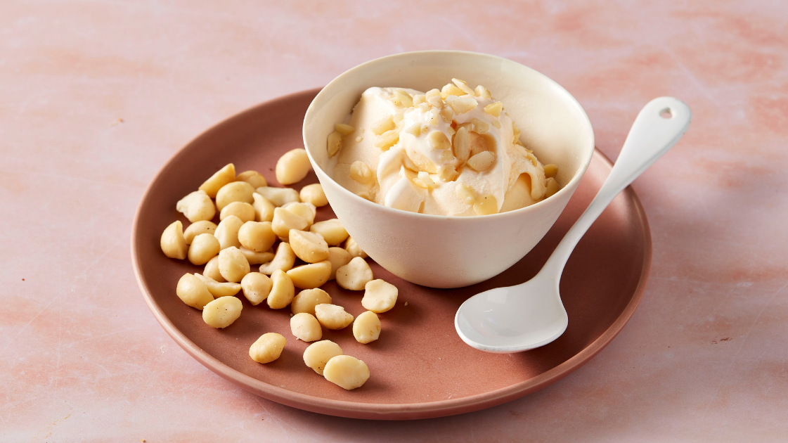 Macadamia nuts on top of ice cream