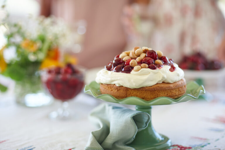 Cherry and macadamia celebration sponge cake