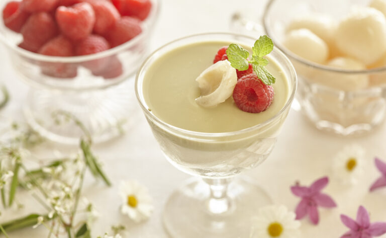 Macadamia milk and matcha jellies