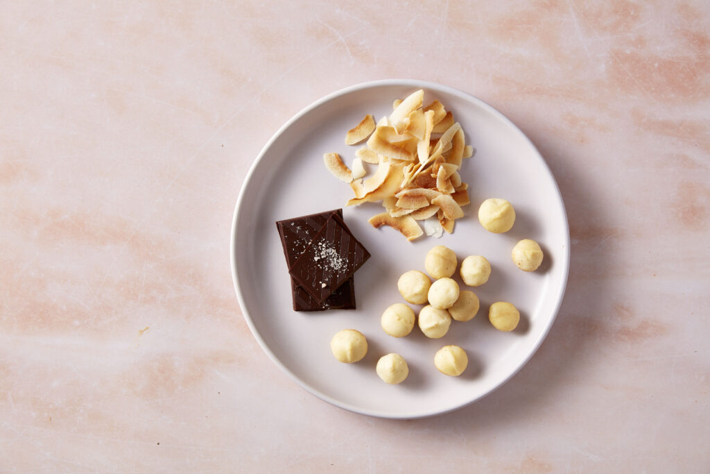 Macadamias, coconut and chocolate snack plate