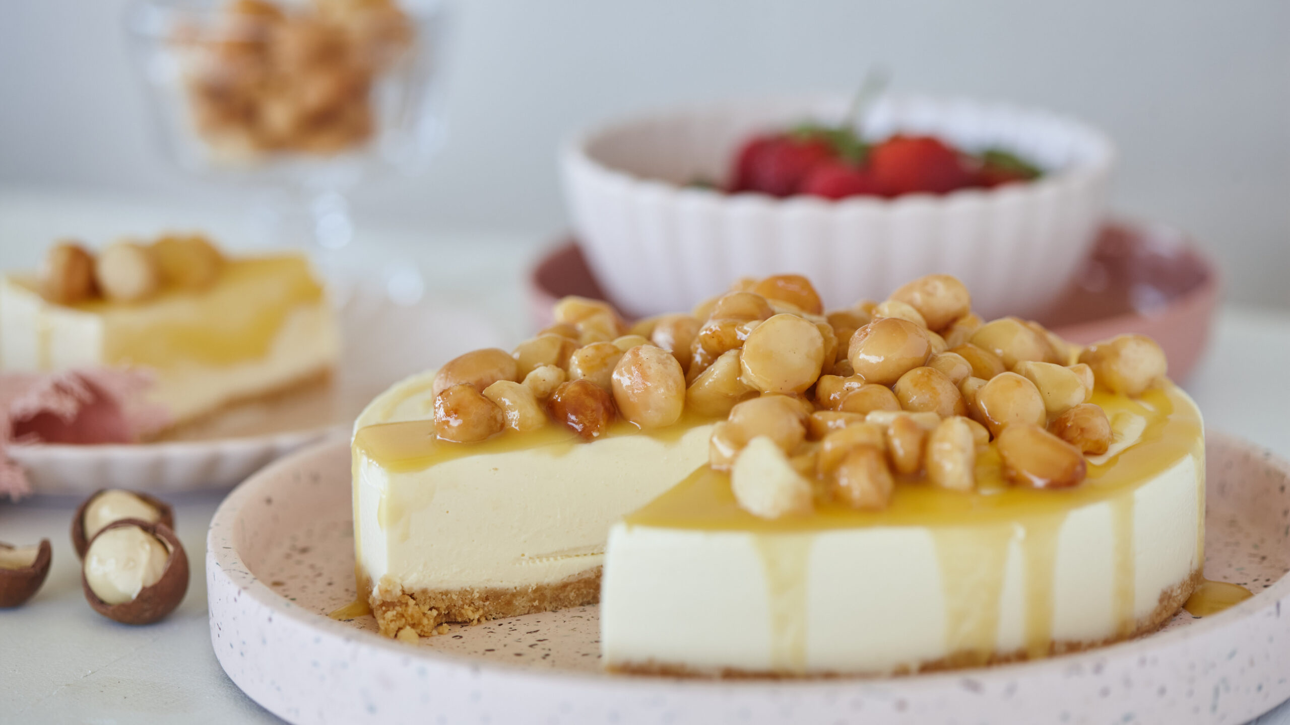 Cheesecake with honey macadamia topping