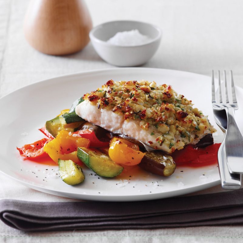 Roast fish and vegetables with a macadamia crust