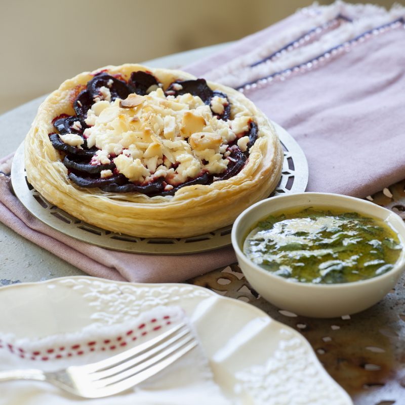Beetroot, goat cheese and macadamia tart