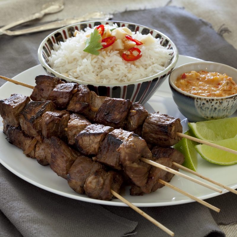 Beef skewers with macadamia chilli sauce