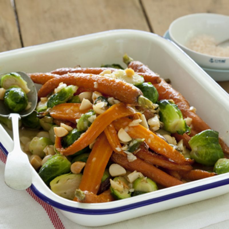 1303 Warm salad of honeyed baby carrots, brussels sprouts and macadamias 1 716x360 copy