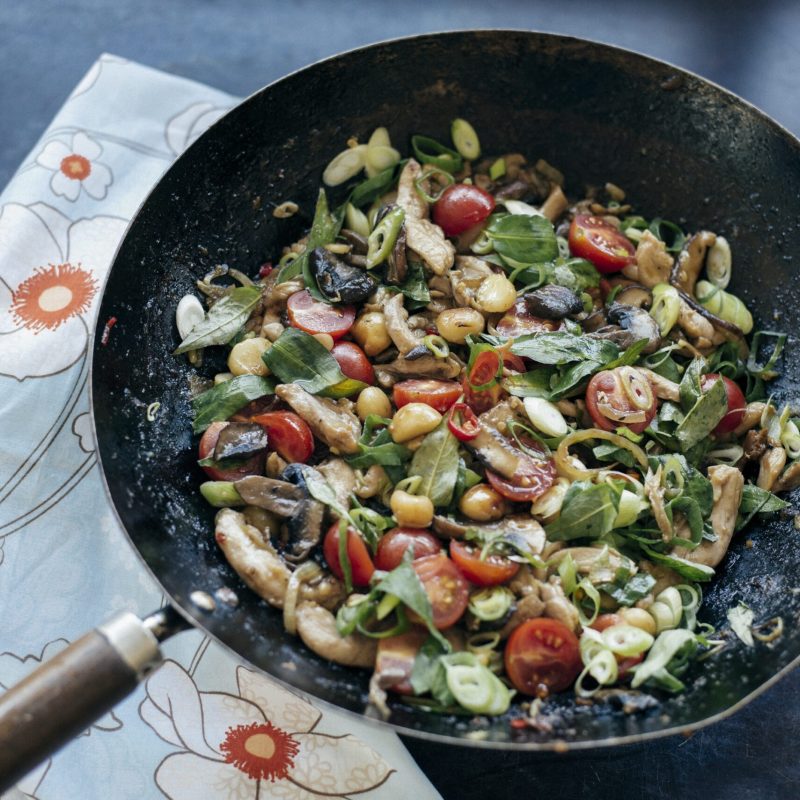 Chicken, mushroom and macadamia stir-fry