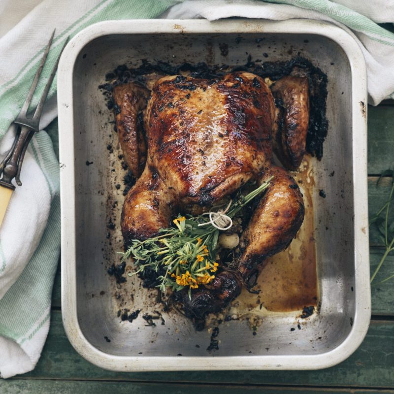 Roast chicken with macadamia couscous stuffing