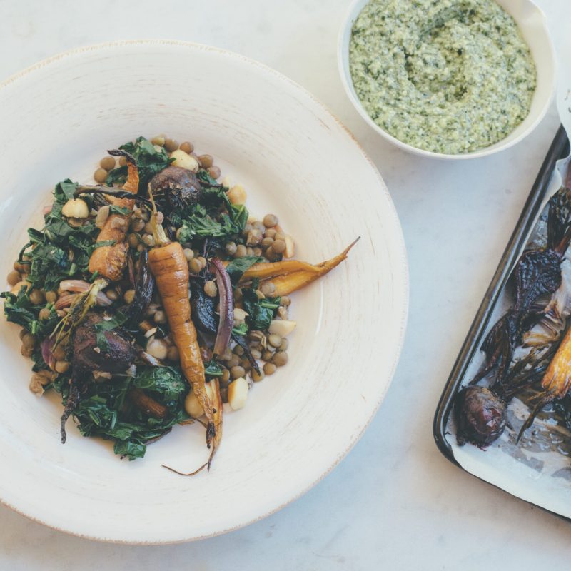 Roast vegetable, lentil and macadamia salad