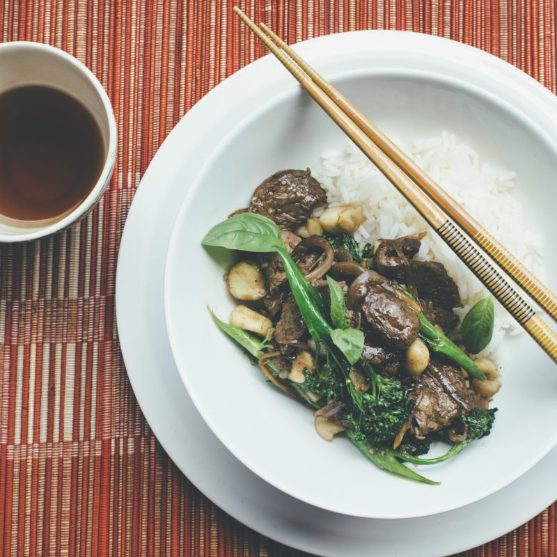 Lemongrass, beef, broccolini and macadamia stir fry