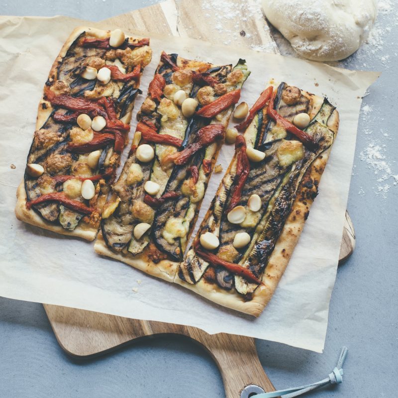 Mediterranean vegetable and macadamia pizza