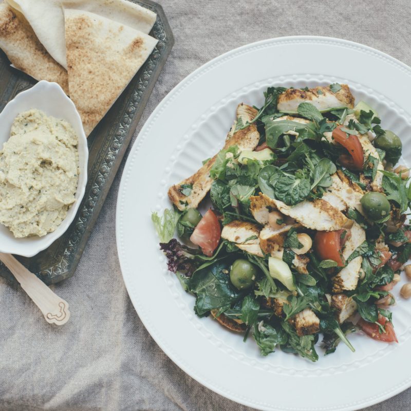 Chicken and macadamia salad with hummus