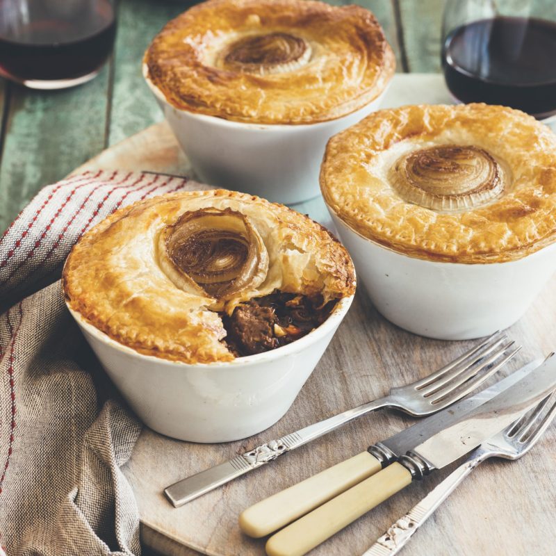 Beef, macadamia, mushroom and caramelised onion pies