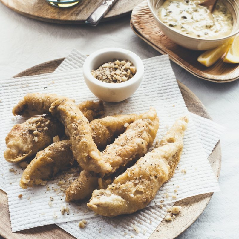 Beer battered fish with a macadamia salt and pepper dust