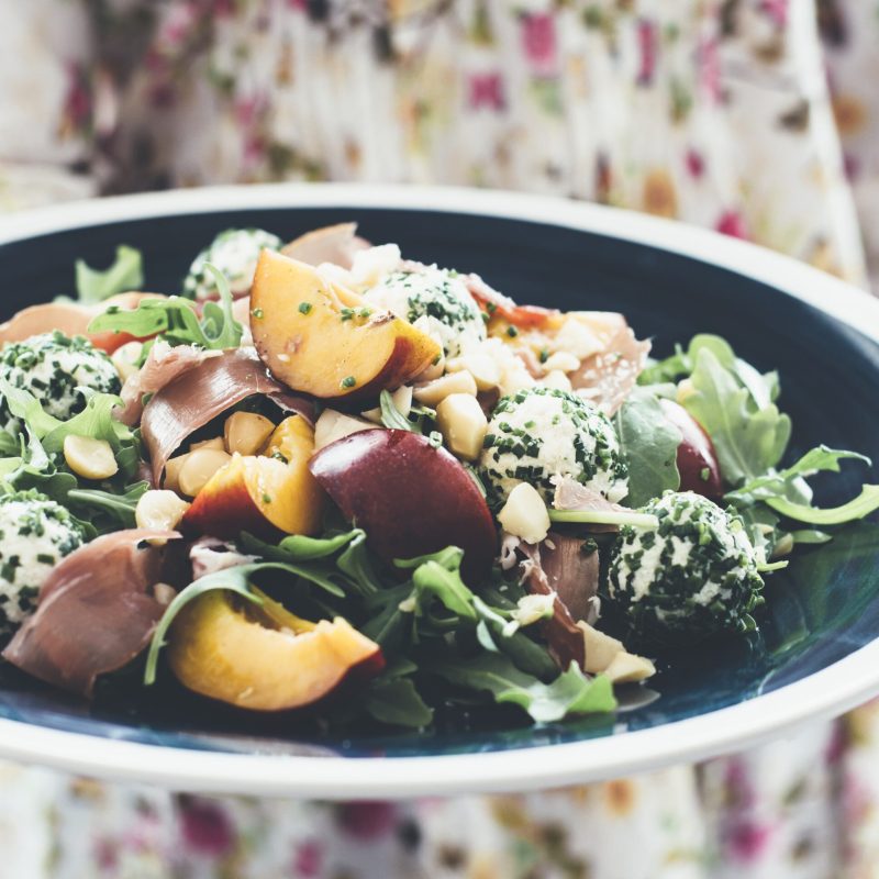Macadamia salad with cheese chive balls