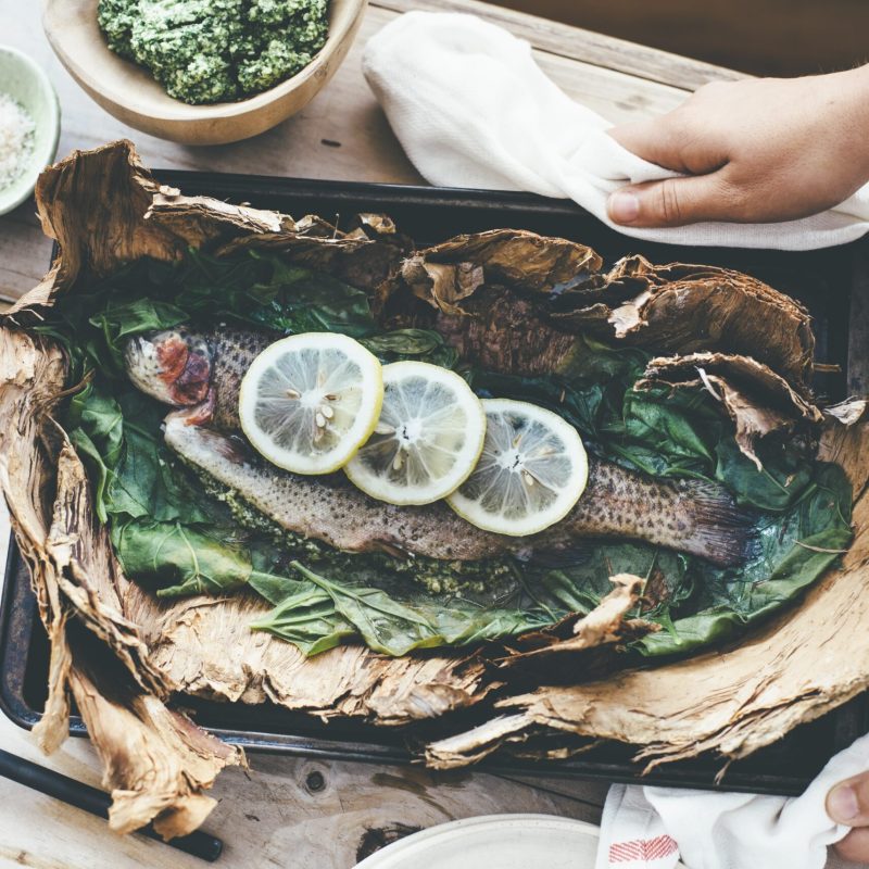 Paperbark wrapped rainbow trout