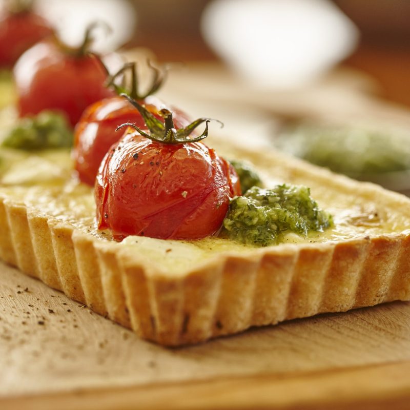 Goats cheese tart with macadamia pesto and macadamia pastry crust