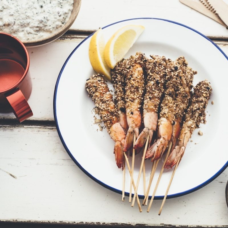 Bbq prawns with macadamia dukkah