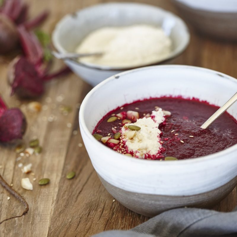 Roasted beetroot soup with soured macadamia cream