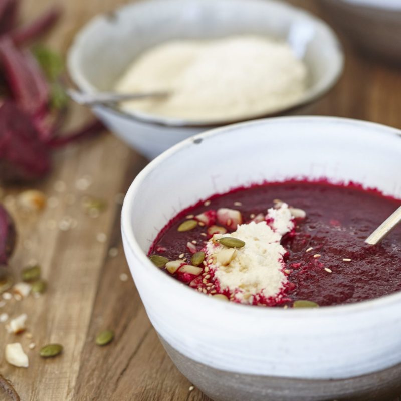 Roasted beetroot soup with soured macadamia cream