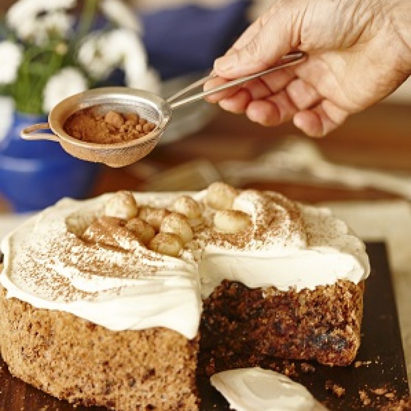 Macadamia, date and chocolate torte