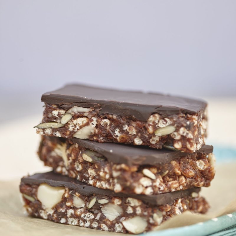 Raw macadamia and puffed rice slice