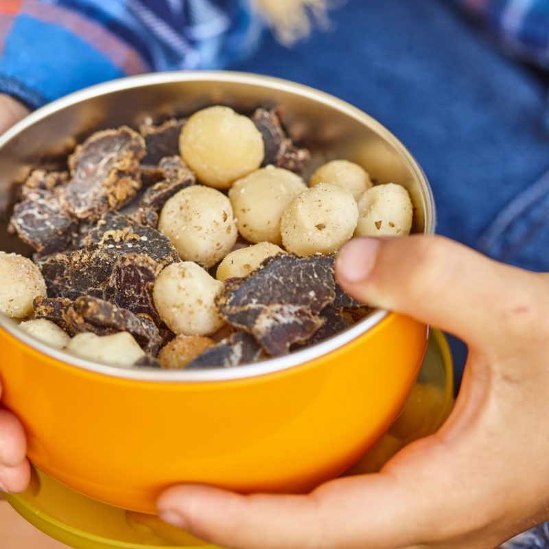 Cured beef and salted coriander macadamia trail mix