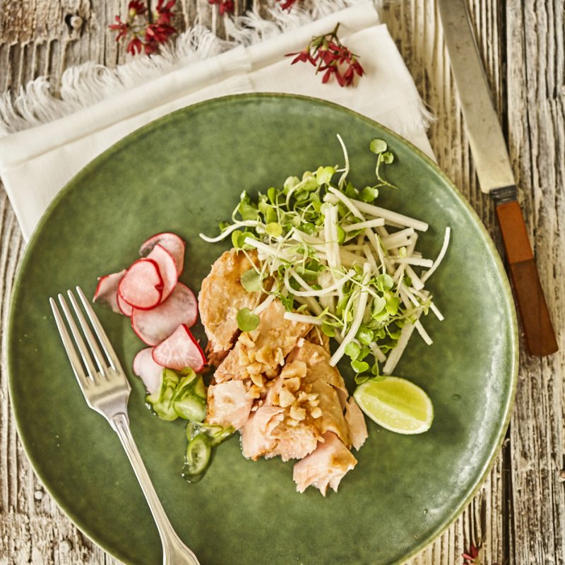 1811 Macadamia and miso glazed salmon with pickles, salad and vegan mayonnaise (1)