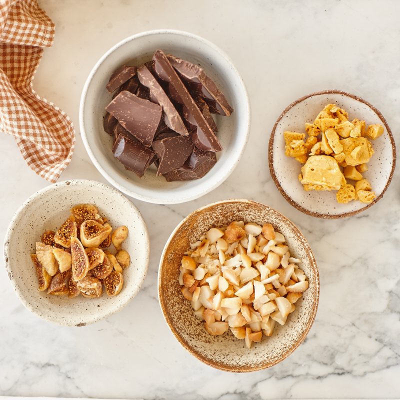 2011 Macadamia, fig and honeycomb chocolate bark (Step 1)