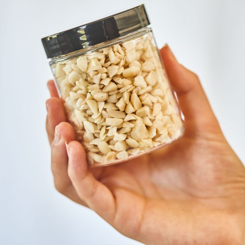 Macadamia pieces in a jar