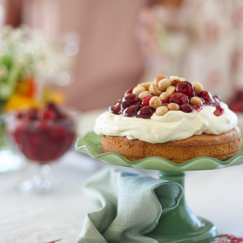 Cherry and macadamia celebration sponge cake