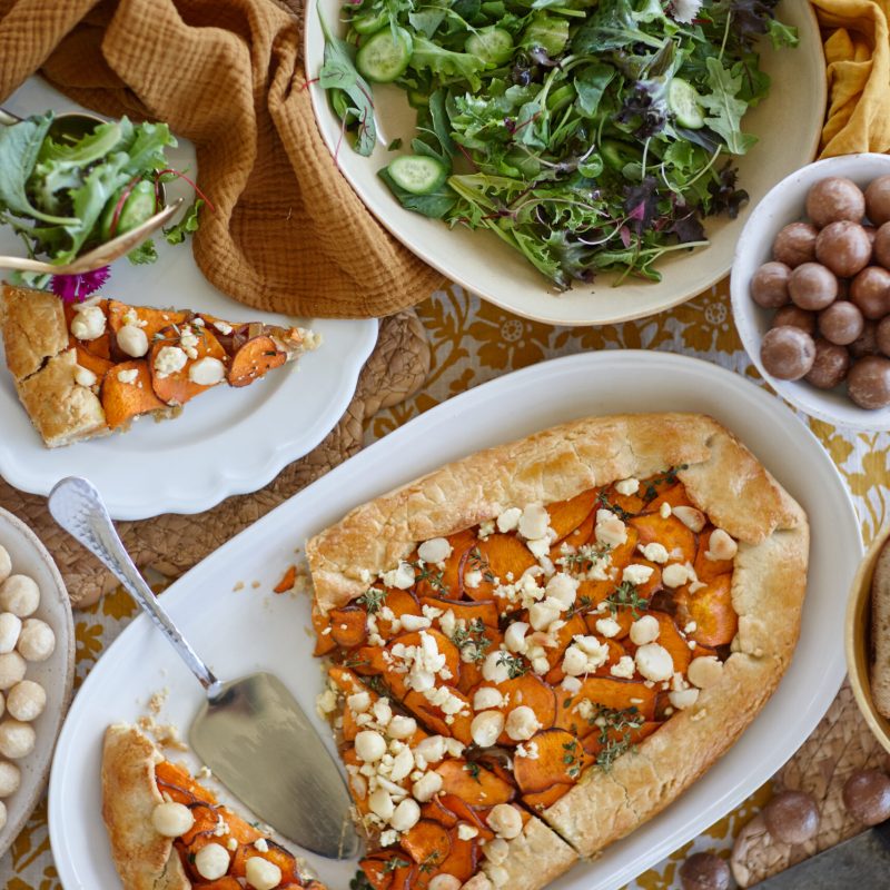Macadamia, sweet potato and caramelised onion tart