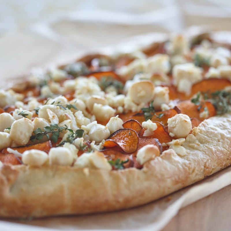 Macadamias shine in this savoury sweet potato tart.