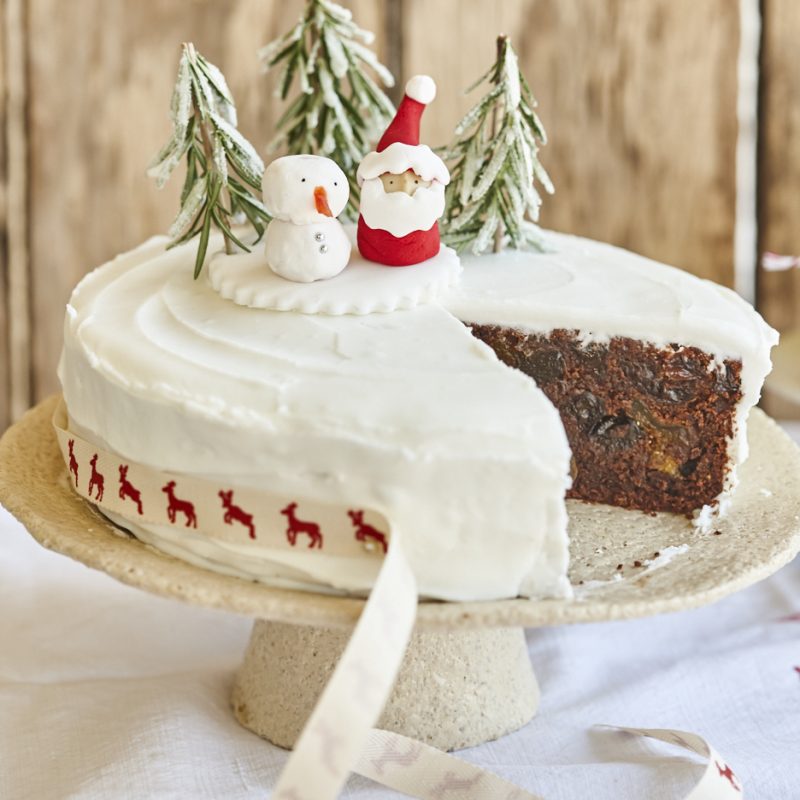 Festive chocolate fruit and macadamia cake