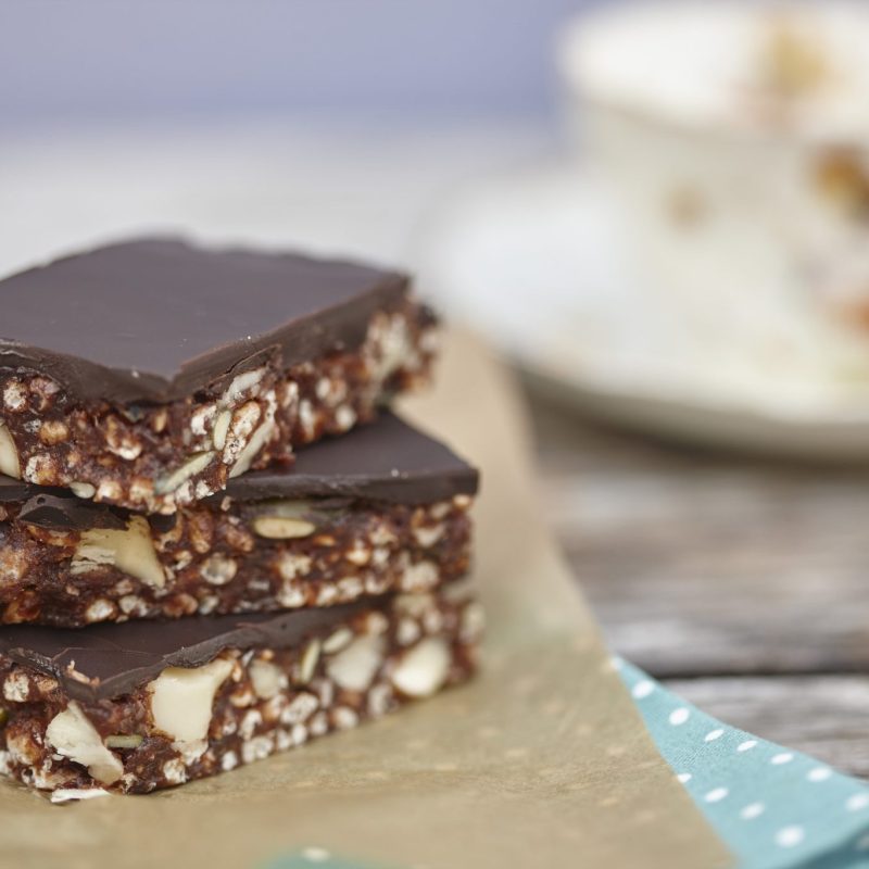 Raw macadamia and puffed rice slice