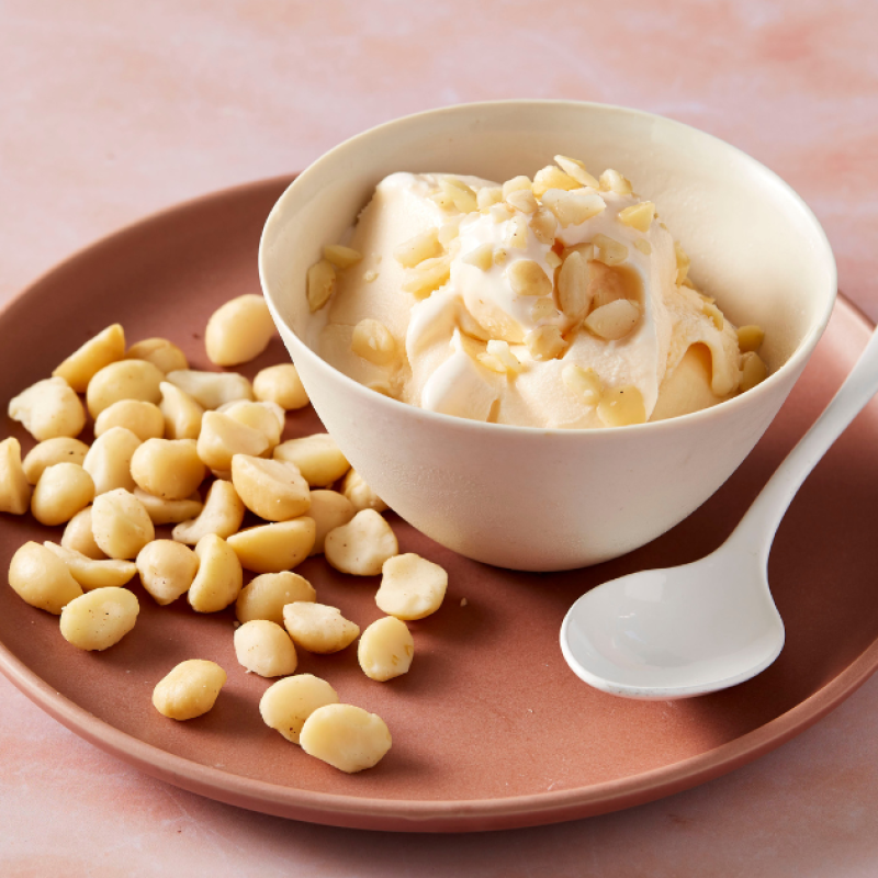 Macadamia nuts on top of ice cream