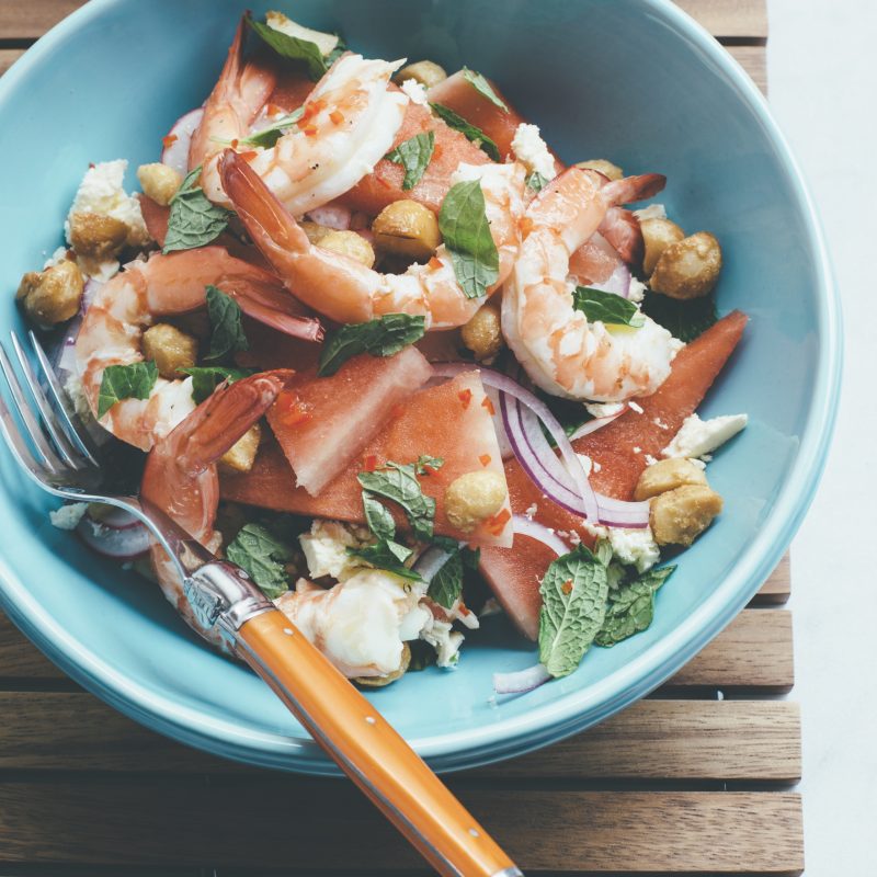 Summer prawn salad with caramelised macadamias