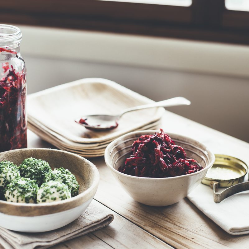 Quick vegetable sauerkraut with macadamia cheese chive roll